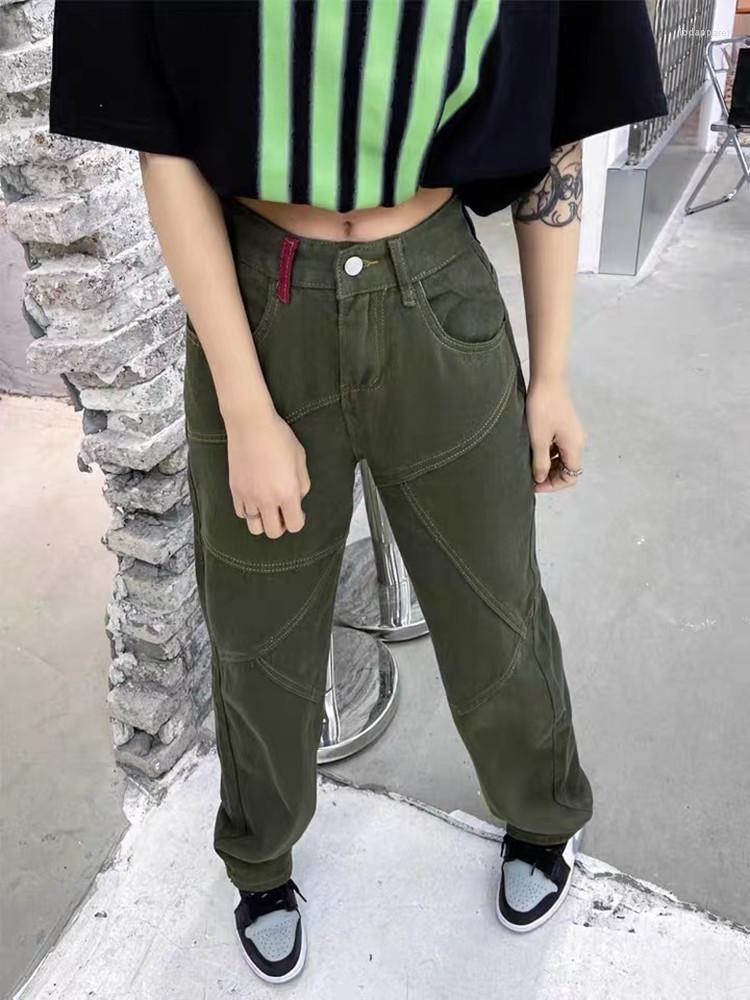 

Women' Jeans 4XL Size Retro Patchwork Korean Fashion Streetwear Woman High Waist Casual Denim Trousers Y2k Straight Baggy Pants, Green