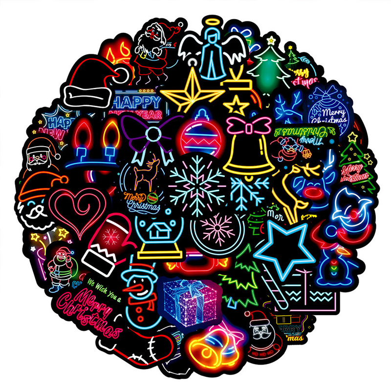 

50PCS/pack Christmas Neon Light Stickers Book Laptop Guitar Motorcycle Luggage Skateboard DIY Decorative Decal, Multi colors