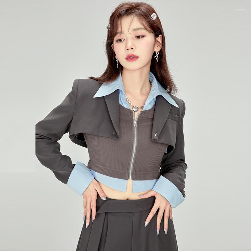 

Women' Knits ONE-T 2022 Autumn Faux Two-piece Knit Shirts Women Short Knitted Cardigan Long Sleeve Sweater Coat Gray Turn-Down Collar Tops, Dark gray