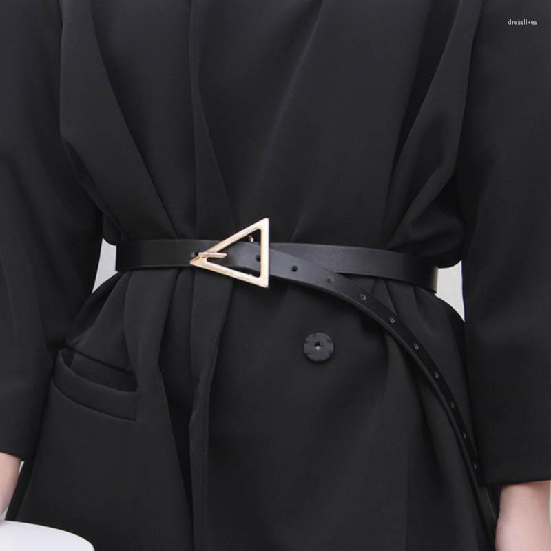

Belts Fashion Triangle Metal Buckle Thin Leather Women Long Bets For Suits Coats Ladies Girls Waistband, Black