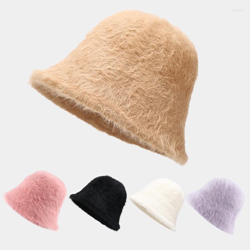 

Berets 2022 Fashion Vintage Luxury Hat Solid Color Fur Winter Bucket Hats For Women Fishing Bob Fisherman, White