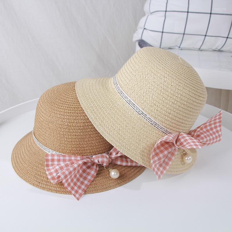 

Hats H7424 Children's Sunshade Straw Sun Hat Kids Princess Beach Sunscreen Bowknot Pearl Cap Girls Summer Protection Sweet Caps, Green
