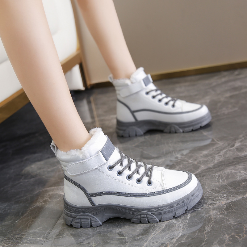 

Snow boots Women's snow boots Women's English style plush thickened soles Autumn and Winter 2022 New style net red fashionable round head short tube women's shoes, White