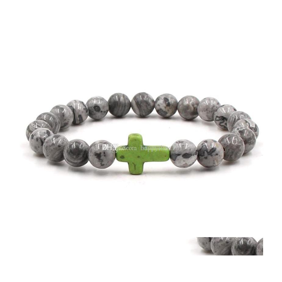 

Beaded Fashion Turquoise Cross Bracelet Grey Agate Beads Natural Stone Buddha Bangles For Lovers Gift Drop Delivery Jewelry Bracelets Dhv7D