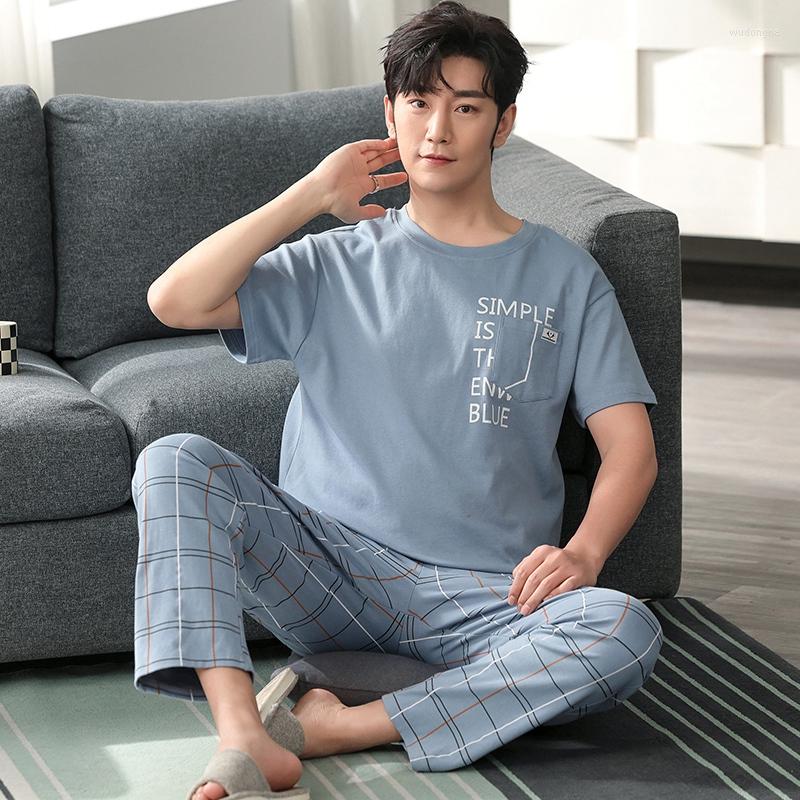 

Men's Sleepwear 2022 Spring Summer Plus Size Cotton Casual Plaid Pajama Sets For Men Short Sleeve Long Pants Suit Pyjama Male Homewear, 3003