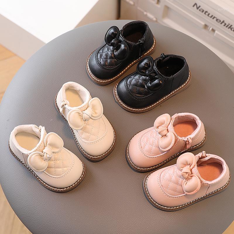 

Athletic Shoes Cute Butterfly-knot For Baby Girl Plaid Infant Fisrt Winter Velvet PU Leather Toddler Walking Footwear F10143, Black