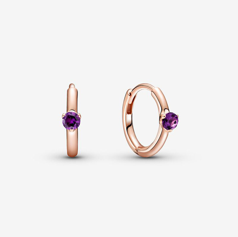 

Purple Solitaire Huggie Hoop Earrings for Pandora 925 Sterling Silver Jewelry CZ Diamond Rose Gold Circle Wedding Earring Set For Women Girls with Original Box