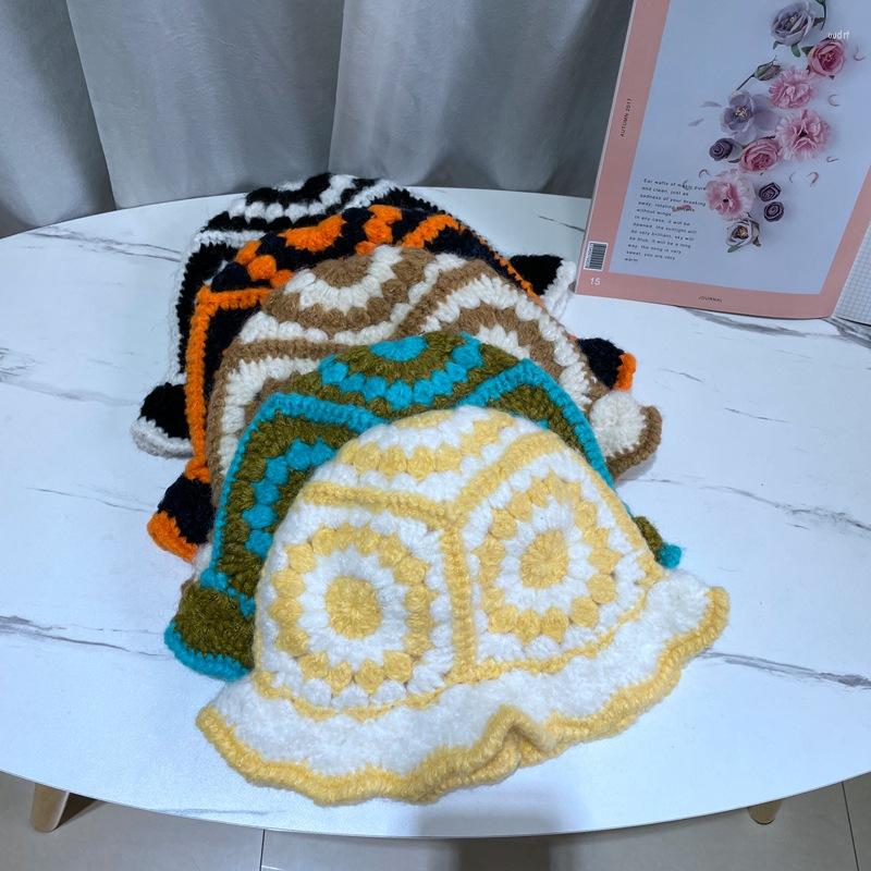

Berets Korean Hand Crochet Knitting Hollow Out Flower Fisherman Hat Female Autumn And Winter Warm Wool Basin Retro, Black