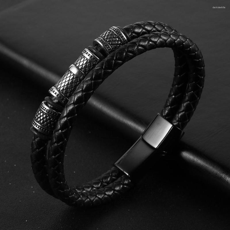 

Strand Men Double Layers Real Leather Cord Bracelets Retro Stainless Steel Tube Charm Wristbands Pulseras Para Gifts For Husband Father