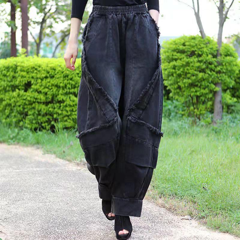 

Women's Jeans Black Wide-leg Harlan Pants Loose Fashion Casual Full Length High Waist Patchwork Print Pocket Women Clothes Spring