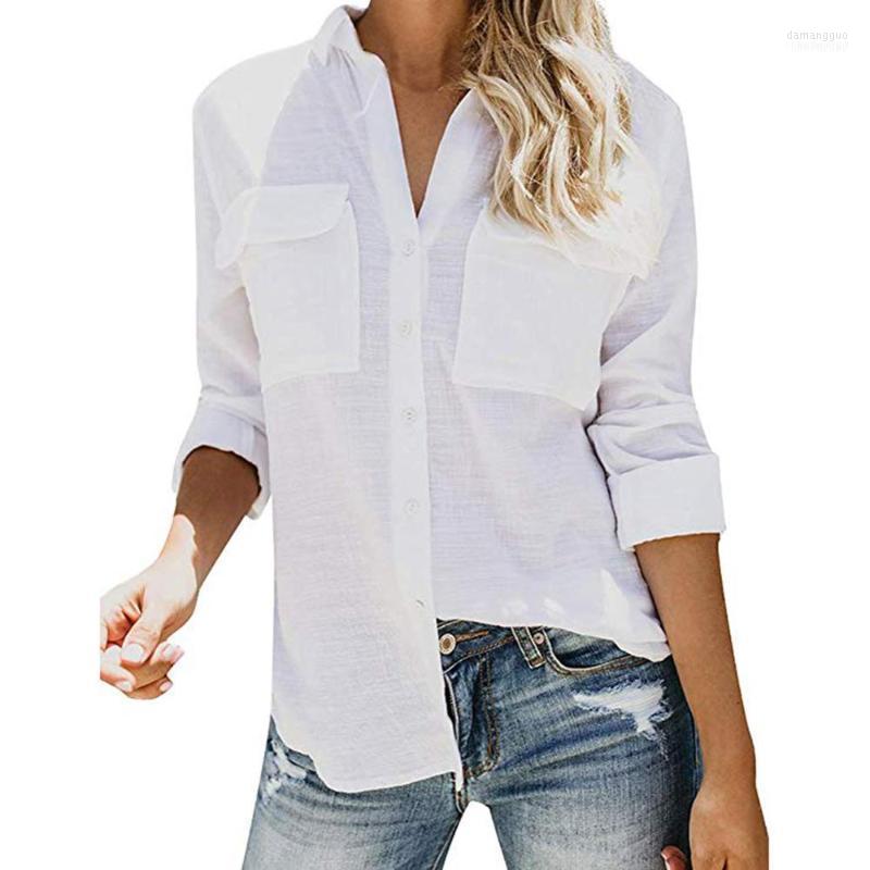 

Women's Blouses Women's & Shirts Fashion Vintage Cotton Linen Women Shirt Solid Color Long Sleeve Lapel Two Pockets Tops And