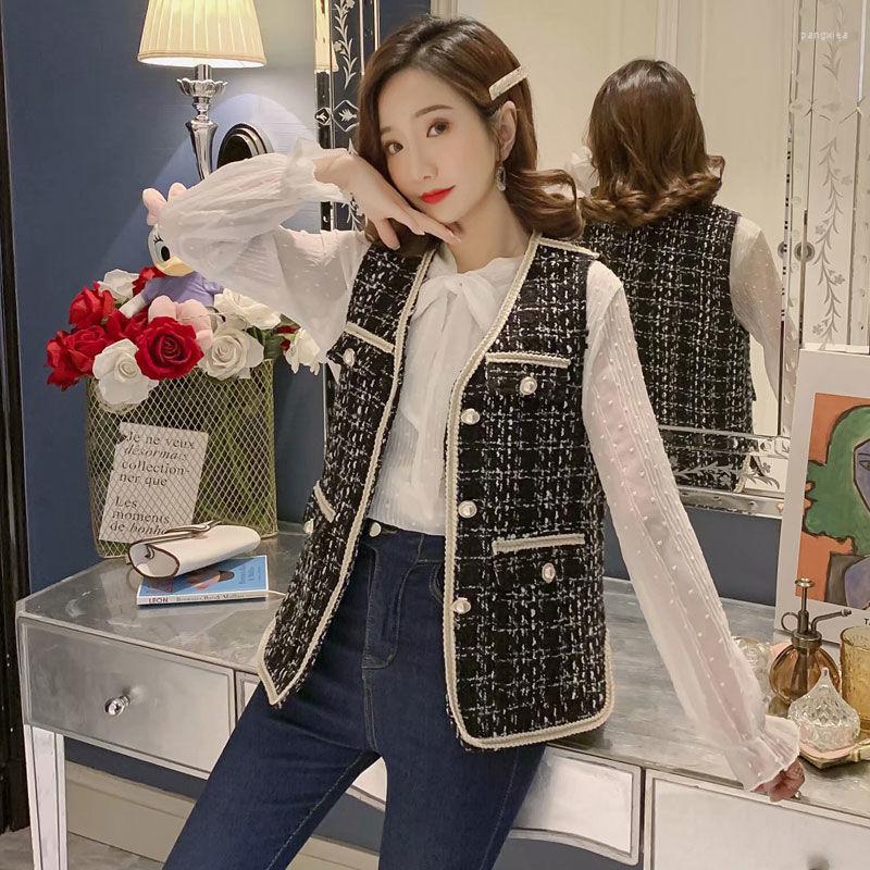 

Women' Vests Casual Vintage Plaid Sleeveless Vest Women Spring Autumn Single Breasted Waistcoat Female Chic Korean Simple Tweed Jacket J136, White