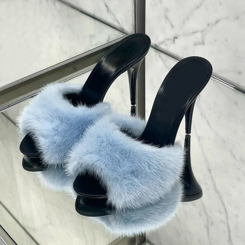 

Latest fashion Mink hair slippers sandals 9.5cmHeel height Spring and summer Maomao slippers evening dress women's shoes high-end quality designer factory shoe, Black+mink hair