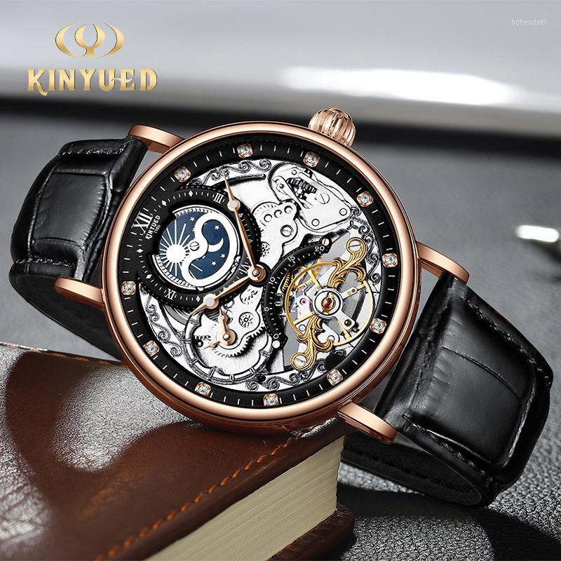 

Wristwatches KINYUED Moon Phases Man Watches Automatic Mechanical Watch Luminous Transparent Wristwatch Mechanic Mens Relojes Hombre 2022, Black
