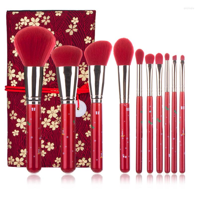 

Makeup Brushes 10Pcs Synthetic Hair Christmas Cosmetics Red Brush Set