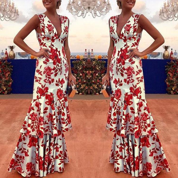 

Party Dresses 2022 Fashion Floral Print Sexy Long Slim Deep V Neck Cocktail Sleeveless Ruffles Evening Quinceanera Prom Robes, Red