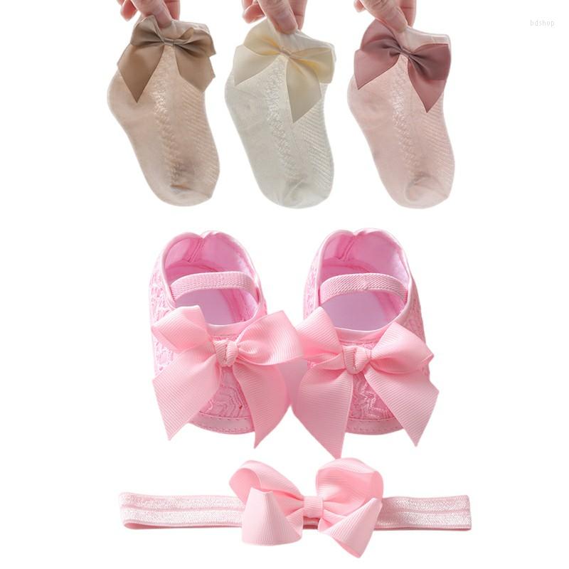 

First Walkers 4pcs/set Girls Baby Shoes Lace Princess Born Bow Mesh Socks Soft Bottom Non-Slip Toddler, 4pcs-1