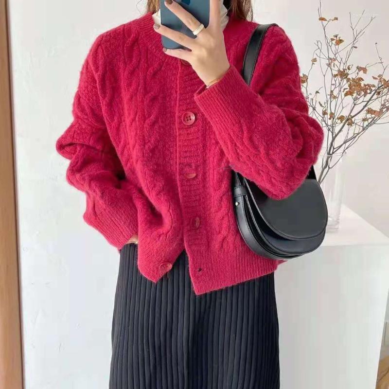 

Women's Knits Women Short Cardigan Twist Knitted Sweater Autumn Winter Long Sleeve O-neck Casual Coat Thick 2022 Fashion Solid Color, Pink