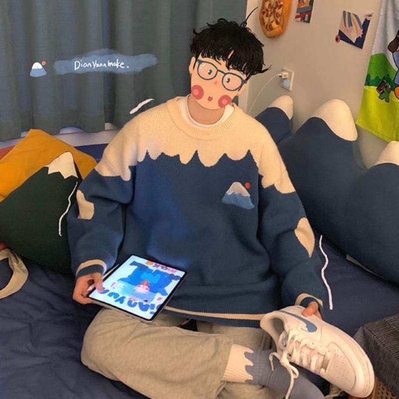 

Men's Sweaters Autumn And Winter Sweater Loose Lazy Wind Sun Pullover Round Neck Students' Korean Top, Blue