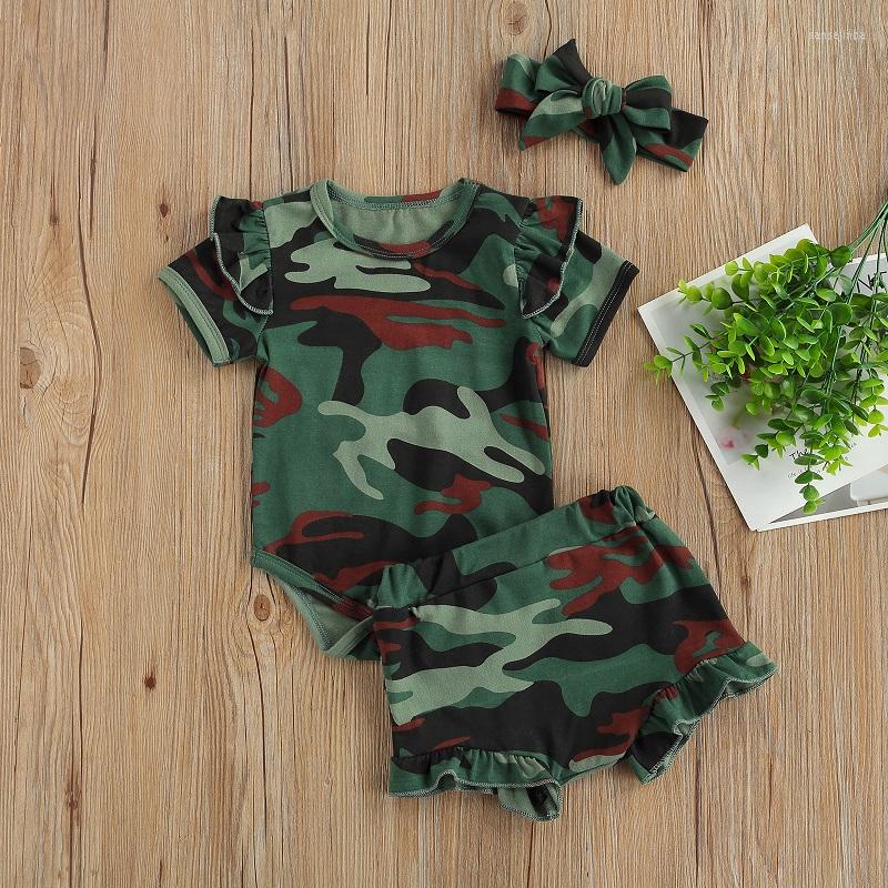 

Clothing Sets 0-18M Born Baby Boy Girl Short Sleeve Camouflage Bodysuit Tops Shorts Pant Bottom Headband 3PCS Set, Picture shown