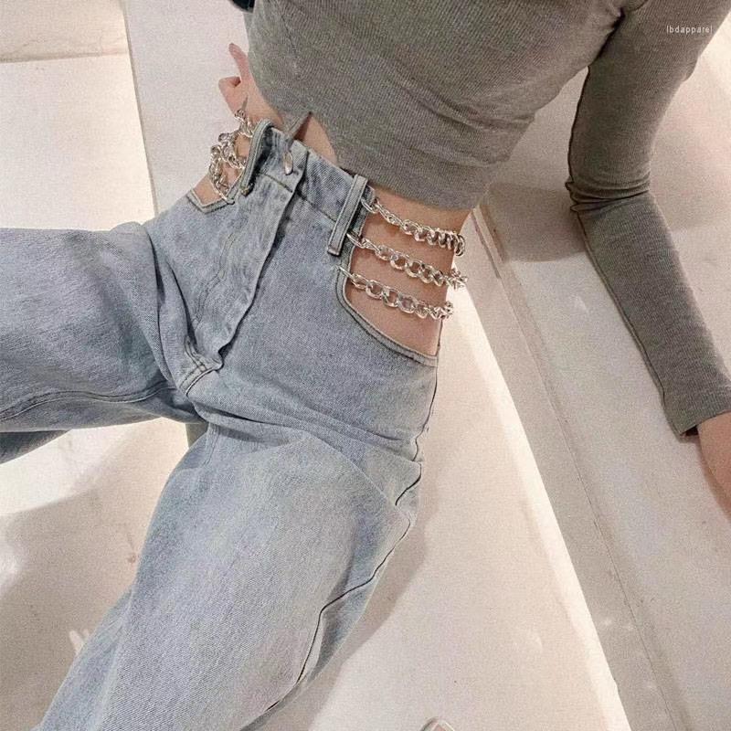 

Women' Jeans Ladies Sexy Wide Leg With Chain High Waist Straight Pants Fashion Korean Streetwear Loose Denim Women
