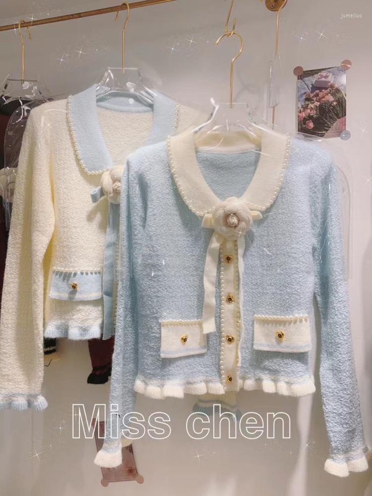 

Women's Knits 2022 Spring Design Turn Down Collar Women's Mohair Wool Knitted Flower Patched Beading Sweater Cardigan, Sky blue