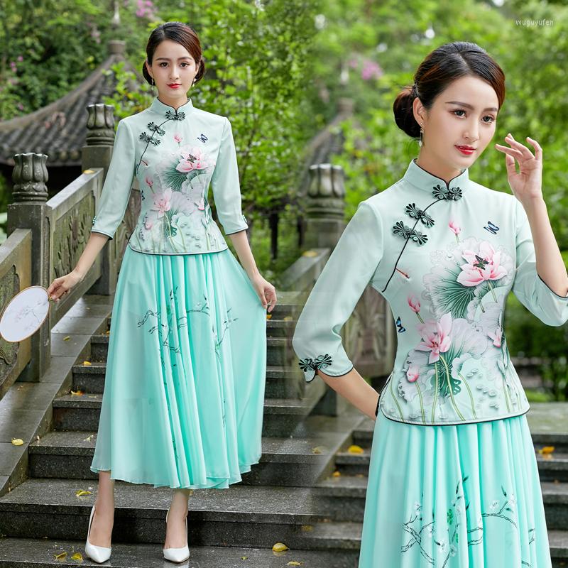 

Ethnic Clothing Embroidered Chinese Tops Women Plus Size Tang Dress Skirt Retro Improved Cheongsam Long Pants Hanfu Shirt
