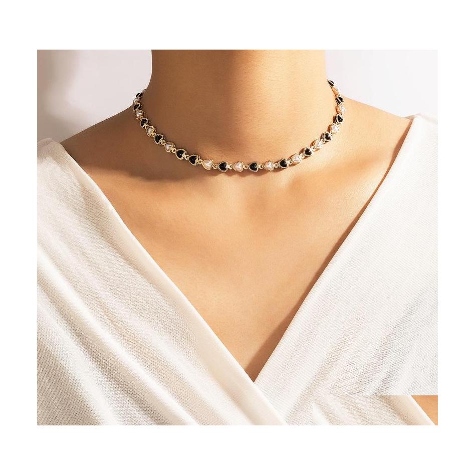 

Beaded Necklaces Fashion Jewelry Black White Faux Pearl Cute Heart Beaded Necklace Love Beads Chocker Necklaces Drop Delivery Pendant Dht7H