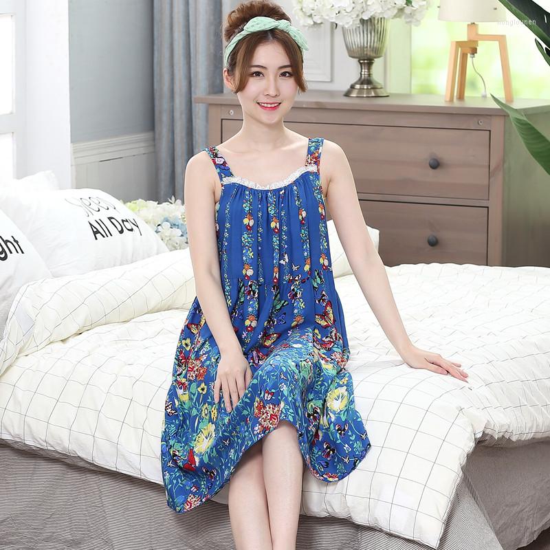 

Women's Sleepwear 2022 Women's Nightdress Summer Sleeveless Sling Flowers Dress Man-made Cotton Silk Lady Girl Fashion Home Service, Color 10