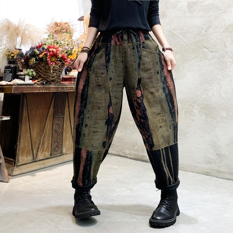 

Women's Jeans 2022 Spring Autumn Arts Style Women Elastic Waist Cotton Denim Harem Pants Vintage Print Ankle-length Loose C497, Picture color