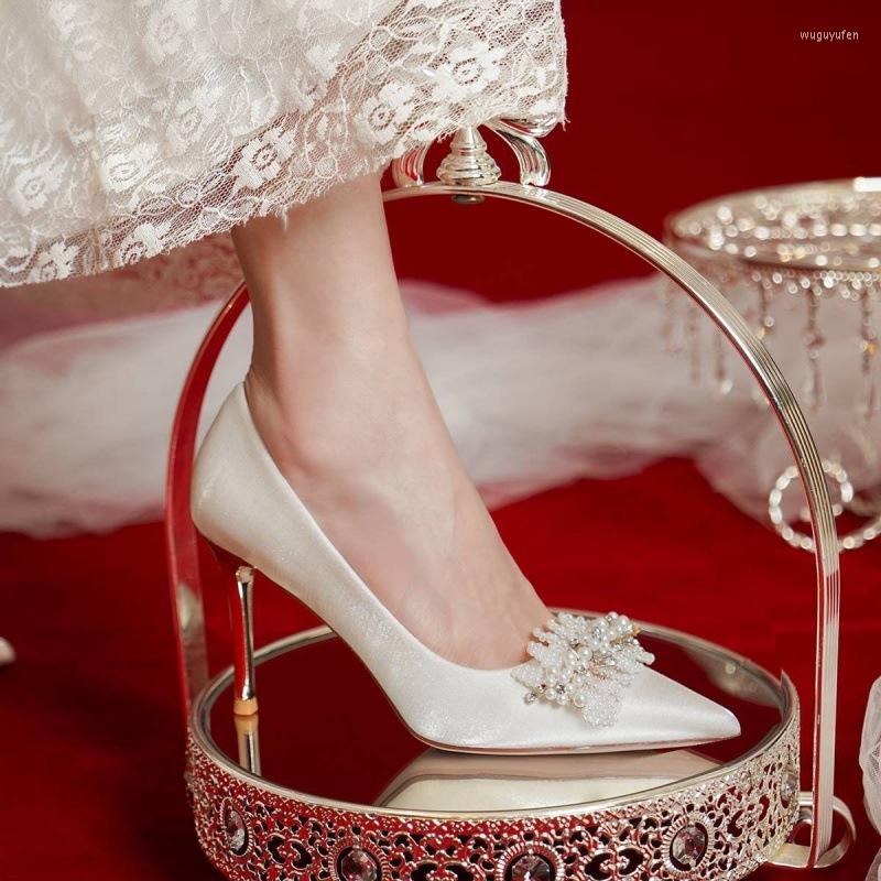 

Dress Shoes Luxury French Style Bride Heel High Bridesmaid White Pearl Point Toe Stiletto Women Fashion Wedding Evening Party, Beige-8cm