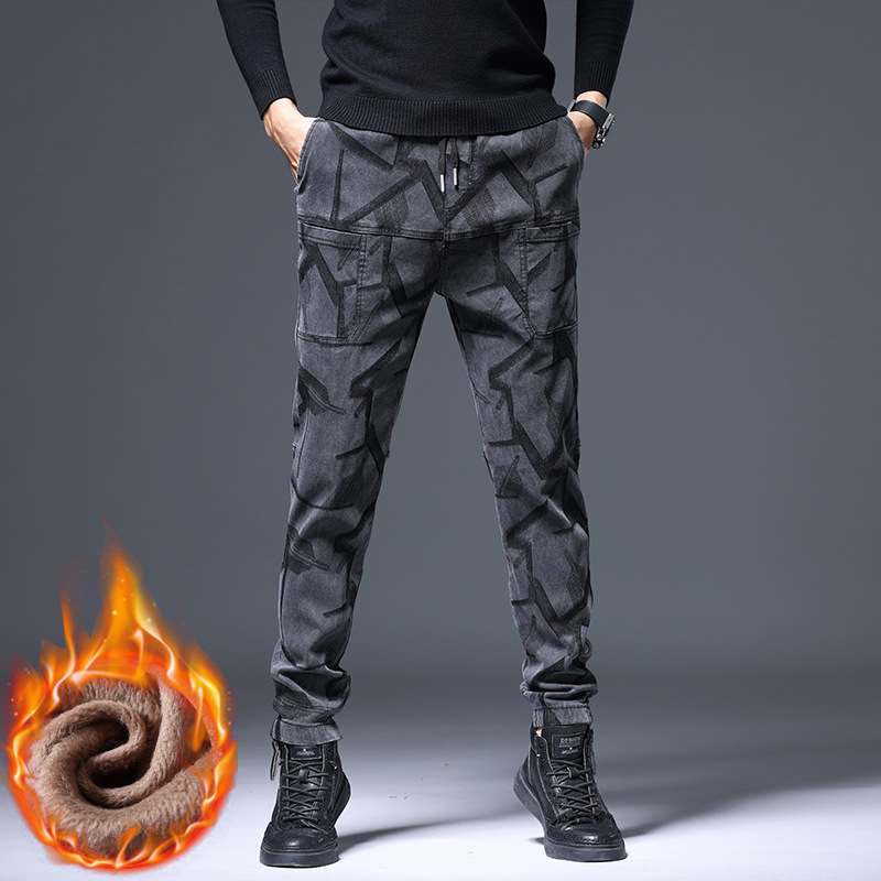 Jeans pour hommes automne et hiver pantalons décontractés pour hommes avec polaire épaissie Six poches Jacquard Stretch jambe droite tendance amp