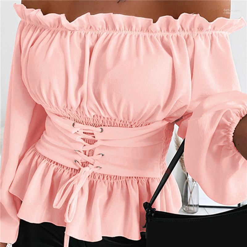 

Women' Blouses Women' & Shirts Sexy Women Tops Temperament Fashion One-word Shoulder Folds Ruffled Solid Color Long Sleeve Summer For, White