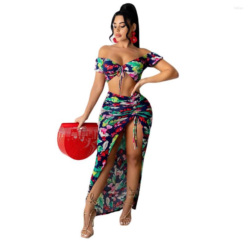 

Work Dresses Flower Digital Print Summer Strapless Pleat Top With Long Skirt Beach Women Dress Sets, Blue