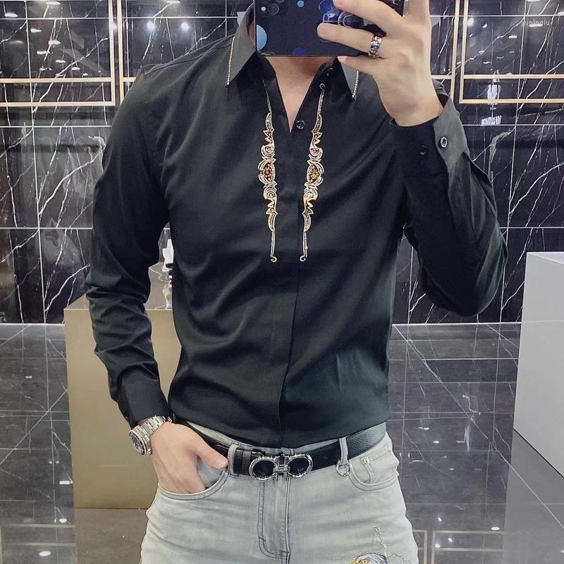 

Men's Casual Shirts 2022 Autumn Embroidered Rhinestones Men's Long Sleeve Slim Business Formal Dress Shirt Social Party Men Clothing, Black