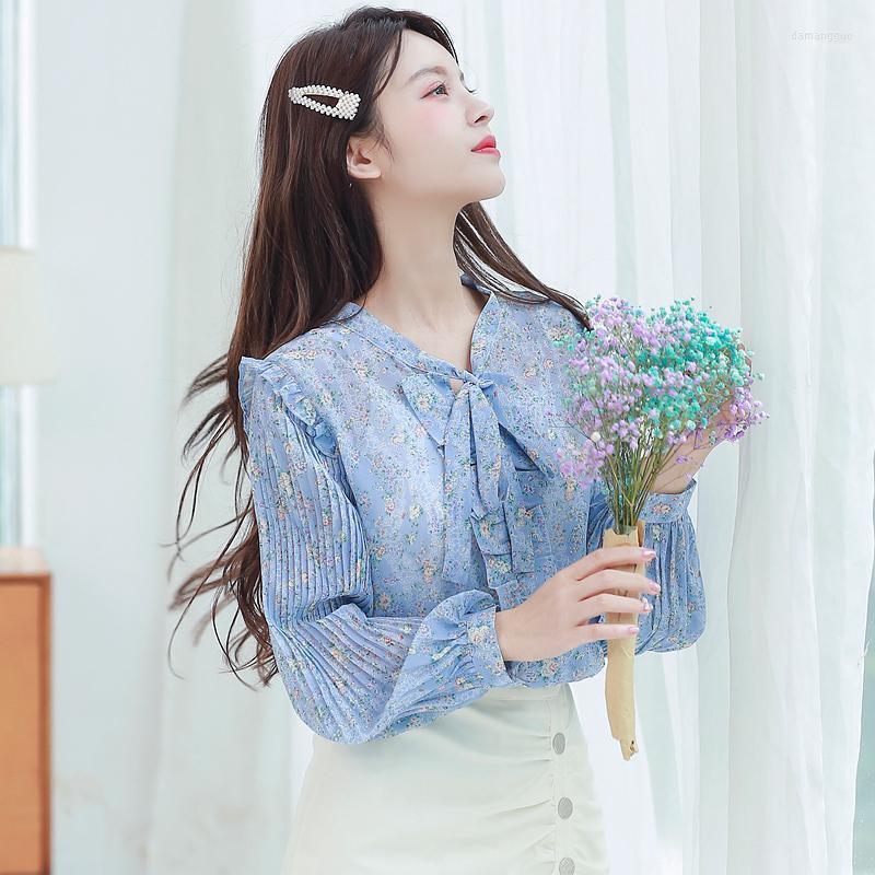 

Women' Blouses Women' & Shirts Ruffled Lace Chiffon Shirt Long-sleeved 2022 Korean Version Of The Sweet V-neck Blouse All-match, Blue