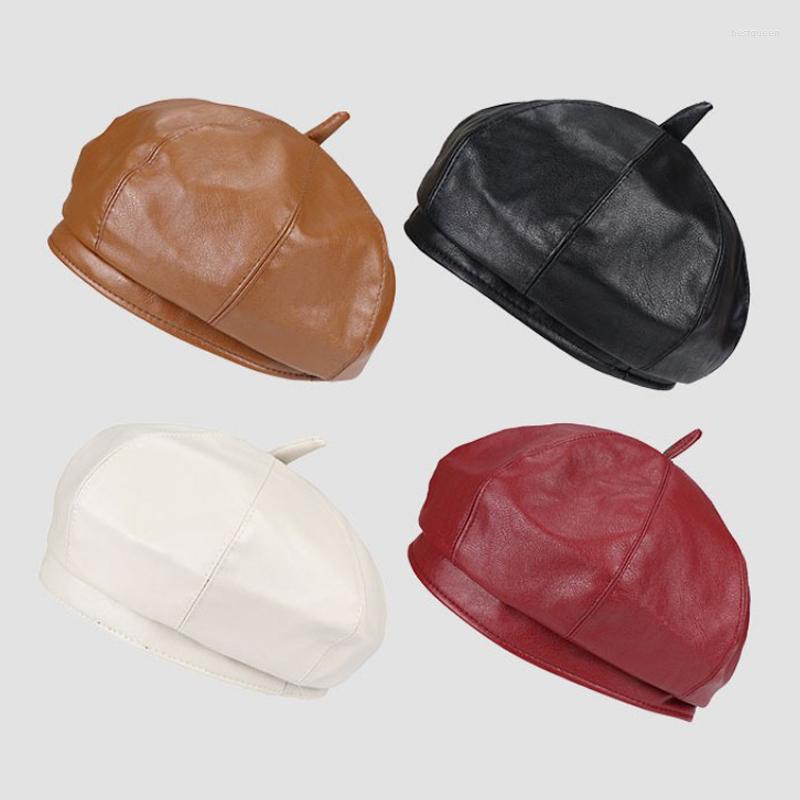 

Berets Retro PU Leather Caps For Women Vintage Ladies Octagonal Autumn Winter Hat Black Coffee Artist Hats, Khaki