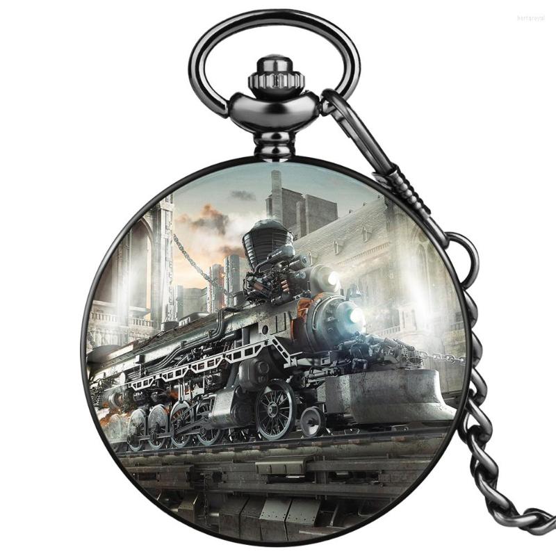 

Pocket Watches Cool Retro Train Man's Quartz Watch Classic Arabic Numerals Big Dial Comfortable Thick Chain Pendant Black Cover Gift
