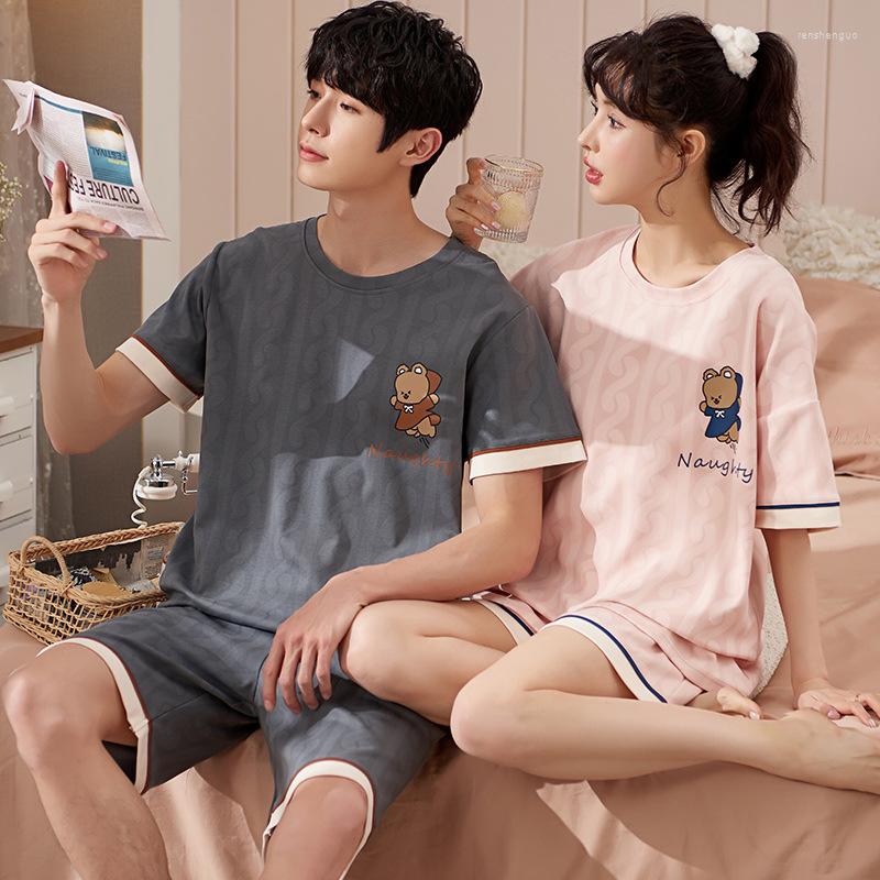 

Men's Sleepwear Couple Cotton Pajama Sets Summer Short Sleeve Printing Pijama Shorts Night Clothes Pyjamas Women And Men Home Suits, A6501