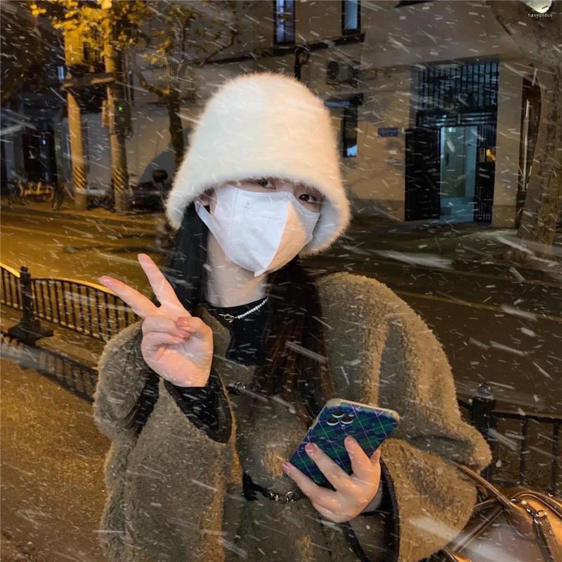 

Berets Korean Plush Hat Female Knitted Wool Hats Autumn Winter Big Head Showing Face Small Warm Ear Protection Cold Windproof Caps, Black bucket hat
