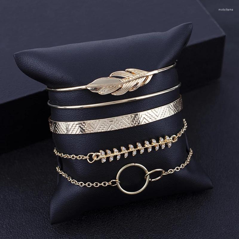 

Link Bracelets 5Pcs/set Bohemian Gold Color Moon Leaf Crystal Opal Open Bracelet Set For Women Punk Boho Beach Bangle Jewelry Gift