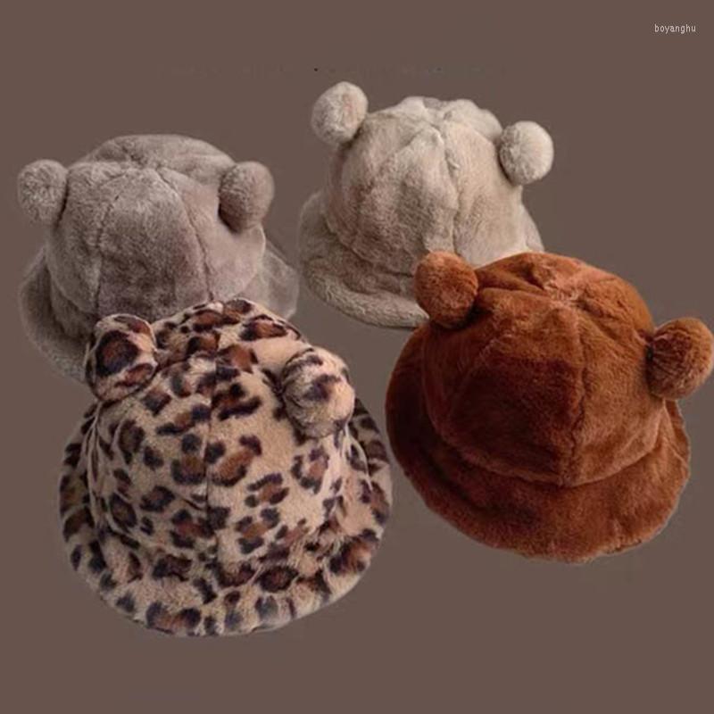 

Berets Autumn Winter Leopard Fur Bucket Hat For Women Cute Bear Ear Ball Plush Fisherman Soft Warm Thick Basin Hats, H bucket hat