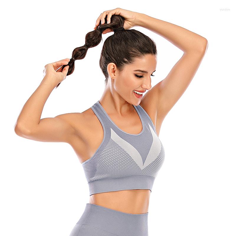 

Yoga Outfit Sports Bra Women Gym Wear Seamless Fitness Crop Top Backless Colour Stitching Workout Bralette, Blue