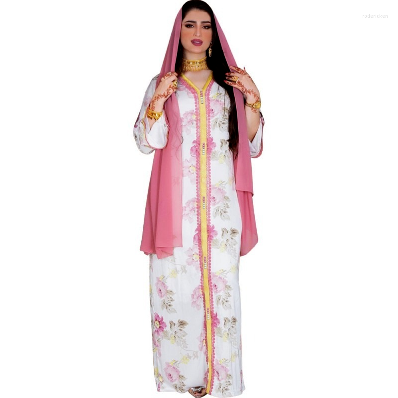 

Ethnic Clothing Ramadan White Floral Abaya Dress For Women 2022 Elegant Lace Ribbon V Neck Dubai Turkey Arab Oman Muslim Islamic Clothes