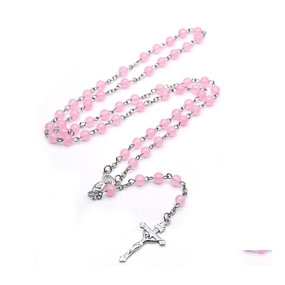 

Pendant Necklaces Catholic Jewelry Long Pink Glass Beads Virgin Cross Rosary Necklace For Women Religious Gifts Drop Delivery Neckla Dhpvt