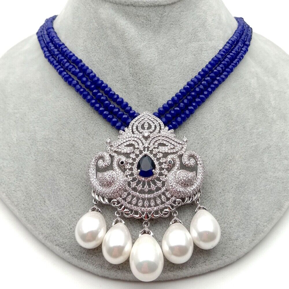 

Fashion Jewelry 19" White Shell Pearl Pendant 3 strands Blue Jade Necklace