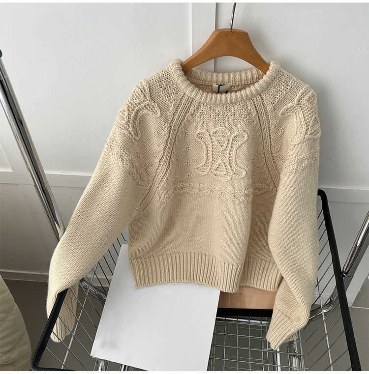 

Women' Jacket Sweater Coat Cell 22FW Celebrity Autumn and Winter 2022 Embroidery Round Neck Short Loose Long Sleeve Pullover Knitwear Top, Apricot
