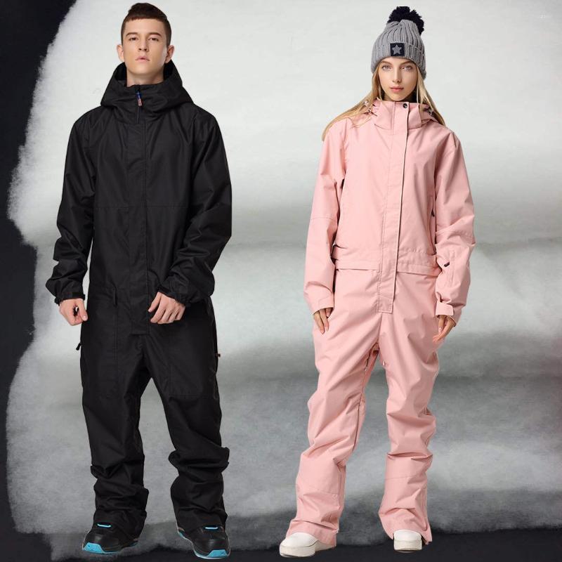 

Skiing Jackets Fleece Men One Piece Ski Suit Warm Hooded Woman Snow Jumpsuit Waterproof Female Snowboarding Descent Clothes Sport Man, Ivory