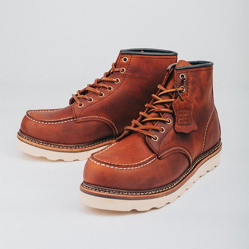 

Boots Vintage Mens Work Lace Up Thick Bottom Cowhide Genuine Leather Shoes Designer High Top Male Motorcycle, Brown
