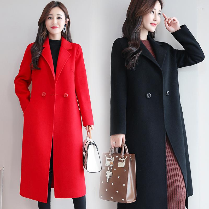 

Women's Wool Mid-length Over Knee Double-Sided Cashmere Coat Autumn Winter Women's Thick Woolen Slim All-Match Ladies Jacket, Black